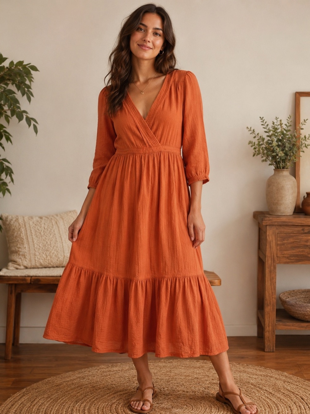 XiRENA Rust Orange Midi Dress with V-Neck